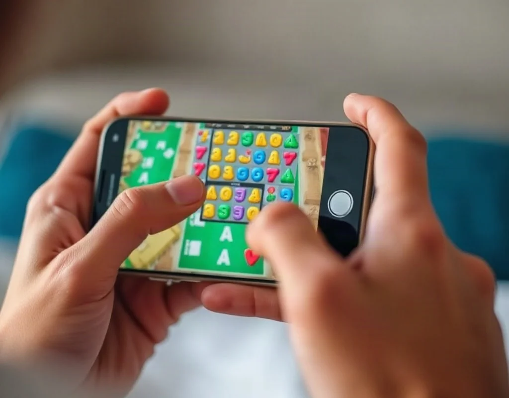 Close-up of a person using a gaming app on a smartphone