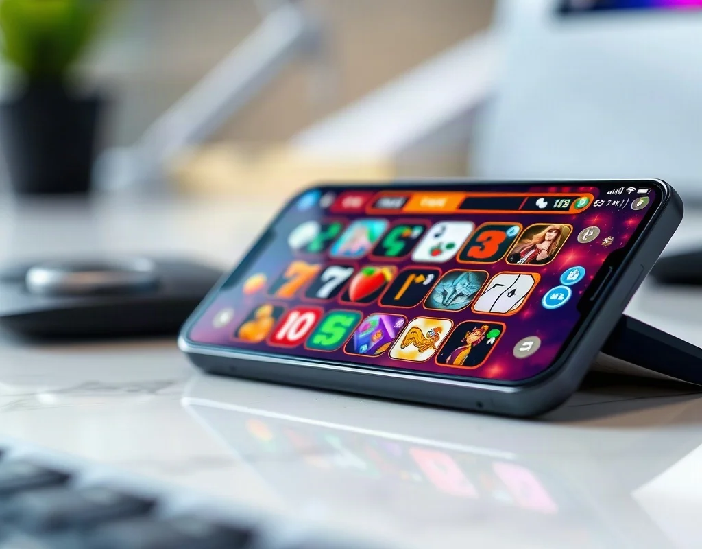 Smartphone showing online gaming app with casino icons on screen