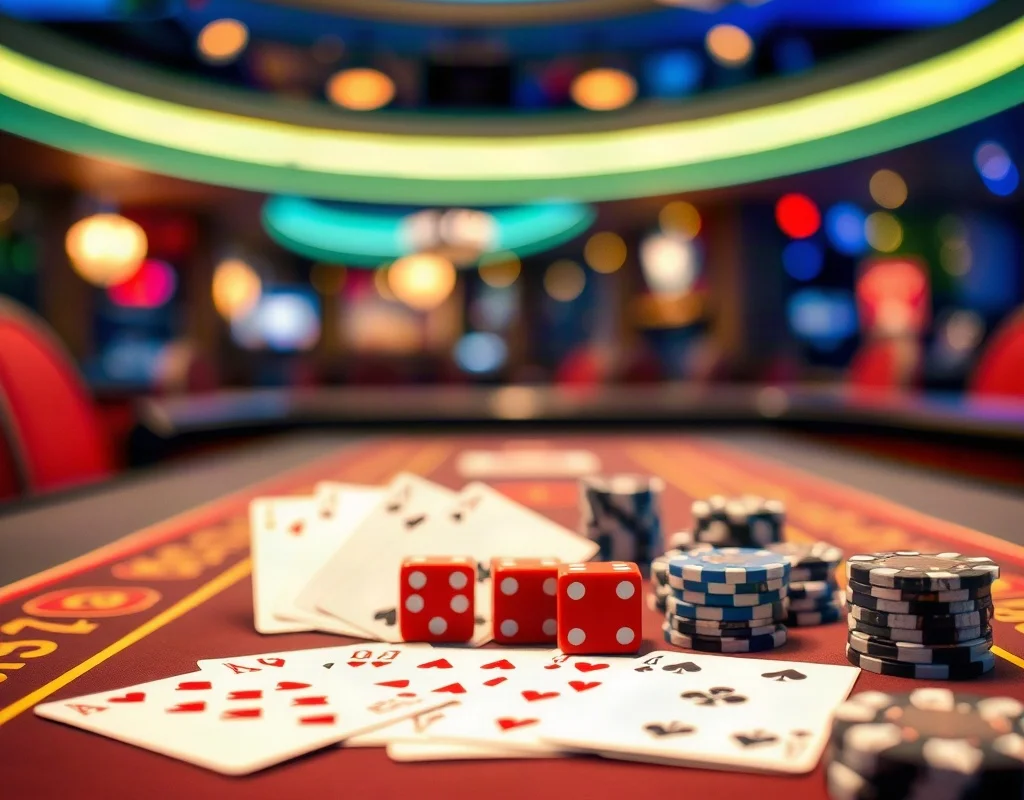 Casino table with playing cards and chips under vibrant lights