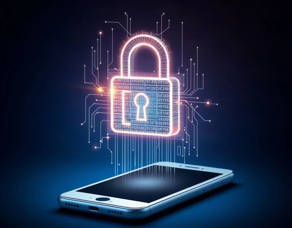 Digital lock icon above a smartphone representing security