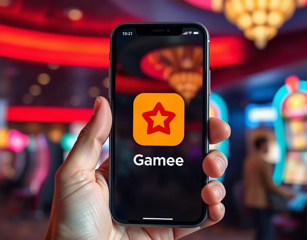 Hand holding iPhone showing a gaming app icon with casino backdrop