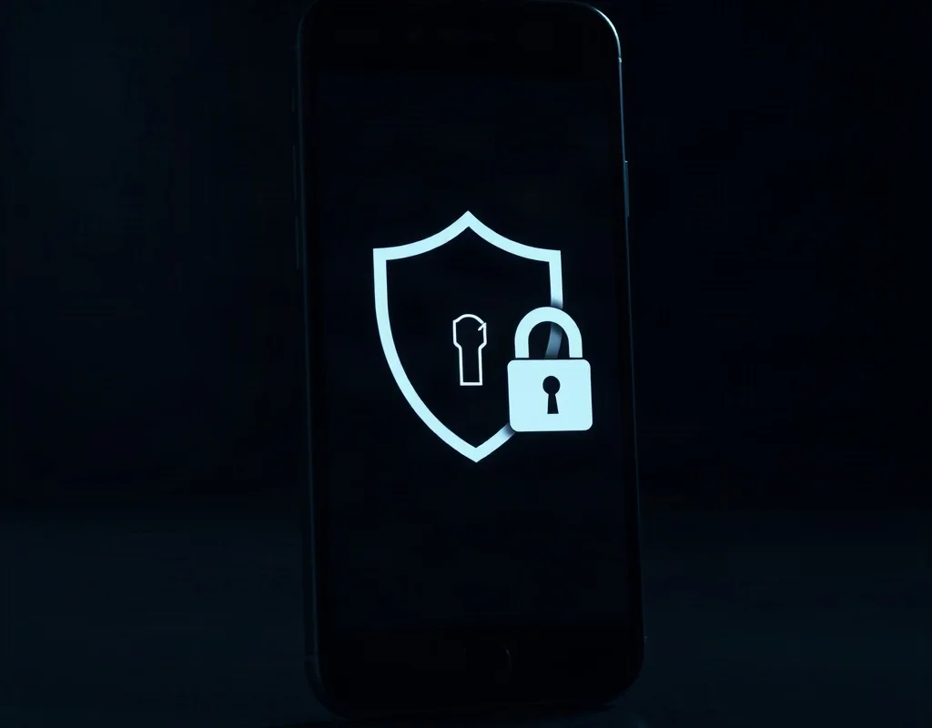 Smartphone with shield and lock icons against dark background
