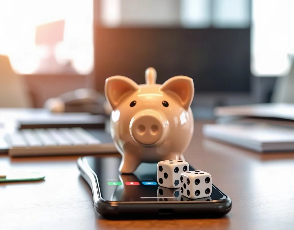 Smartphone with piggy bank and dice on a desk