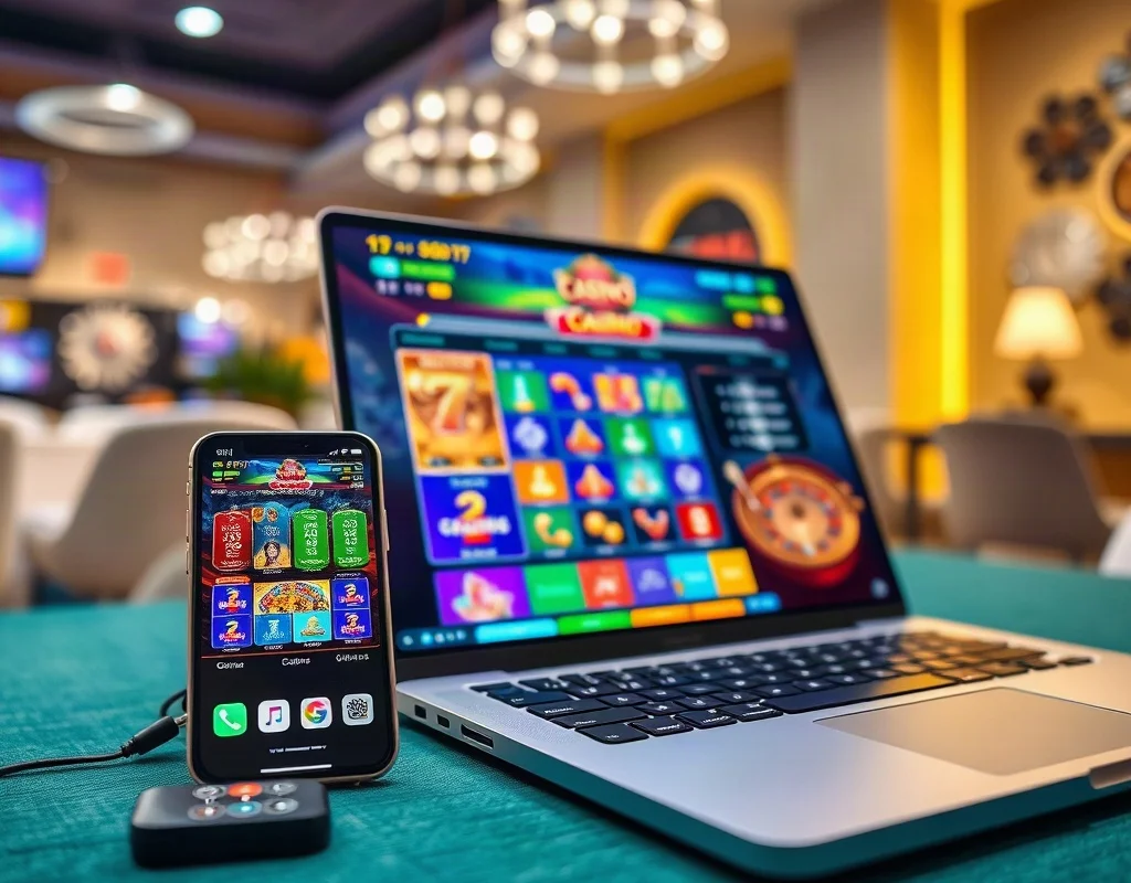 WIN786 game on a smartphone and laptop in a modern setting.