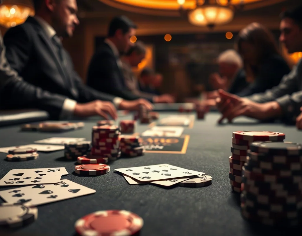 Poker table with chips and cards at a casino.