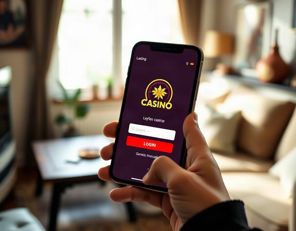Hand holding a smartphone with a casino game login screen.