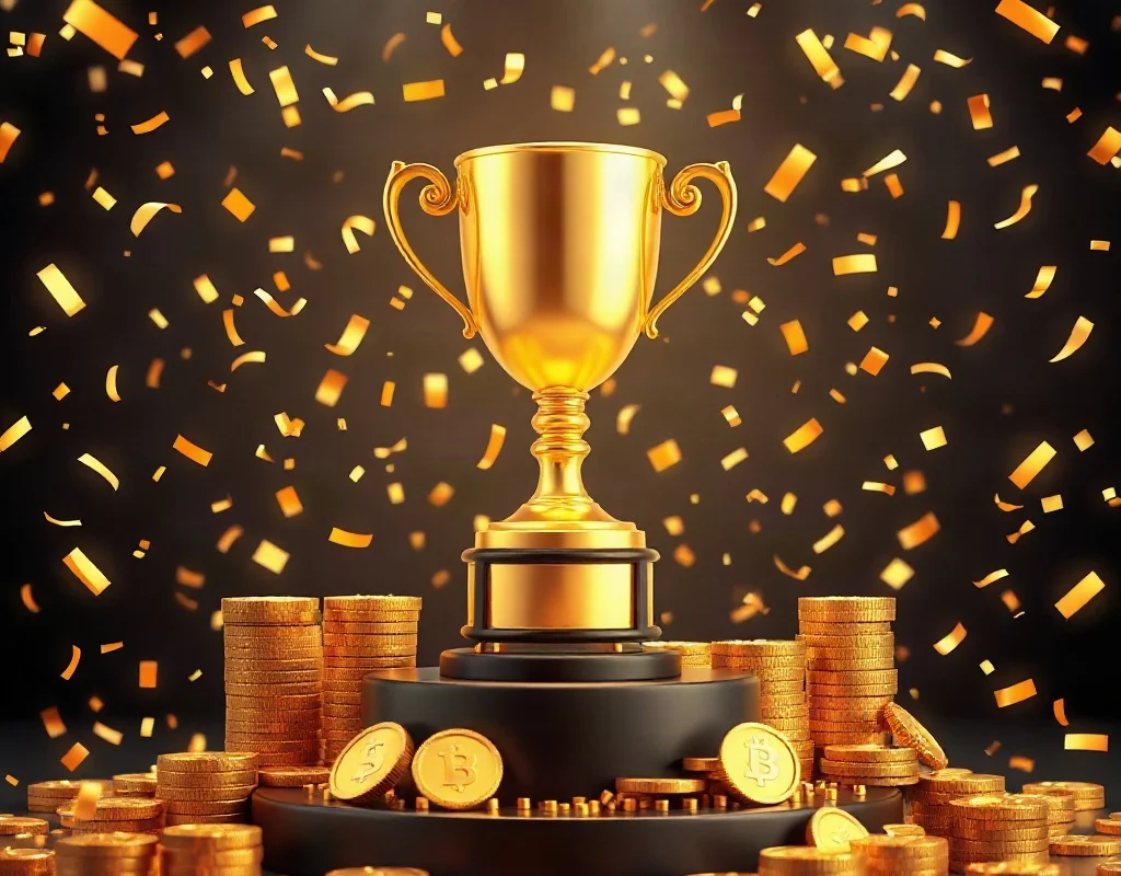 Golden trophy with coins and confetti representing bonuses.