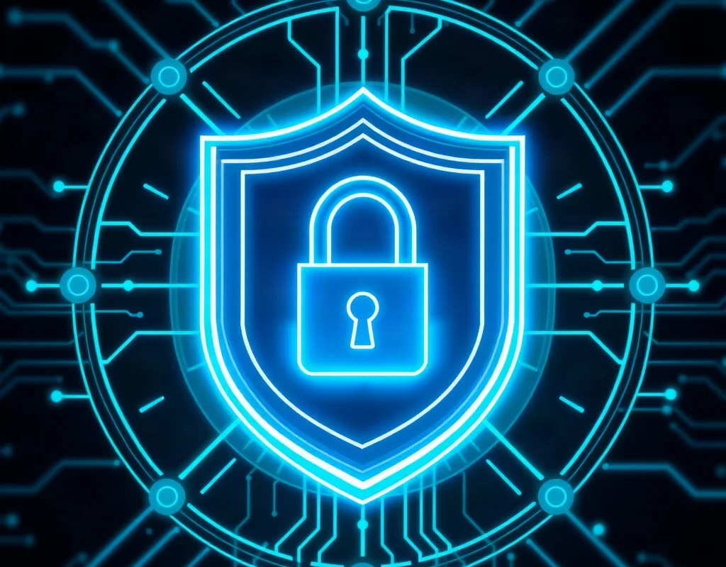 Digital security shield with a padlock enforcing data protection.