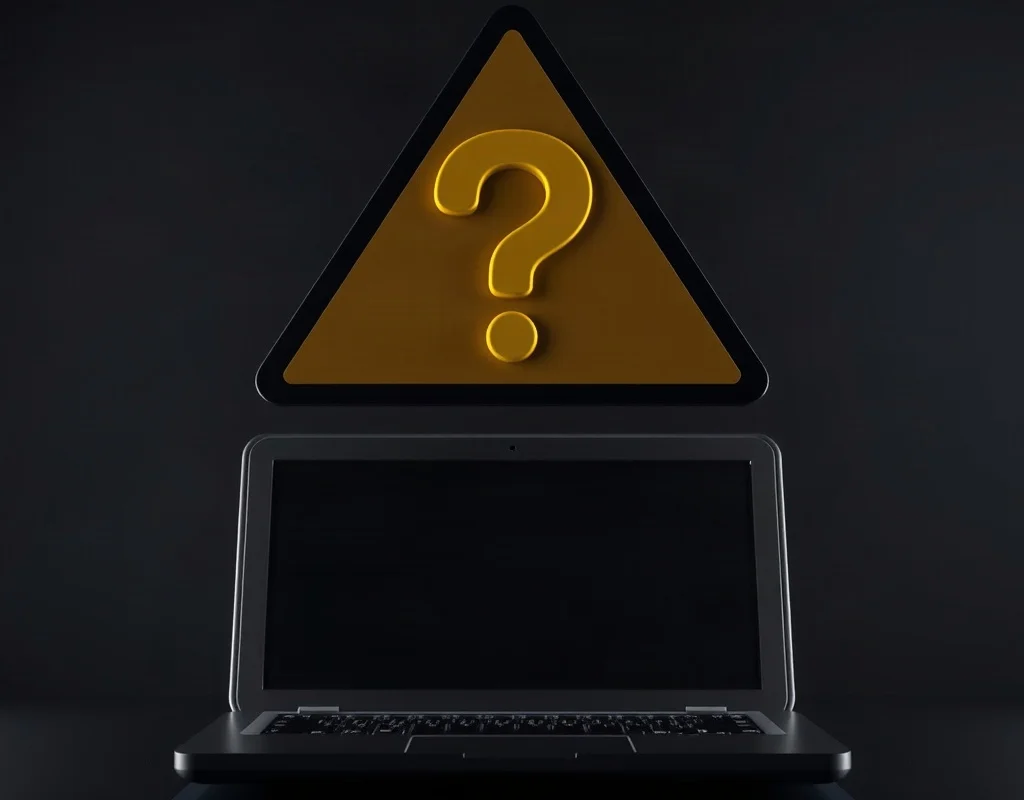 Warning sign with question mark over laptop