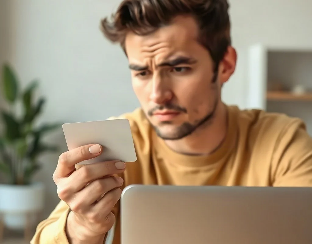 Worried person holding credit card near laptop