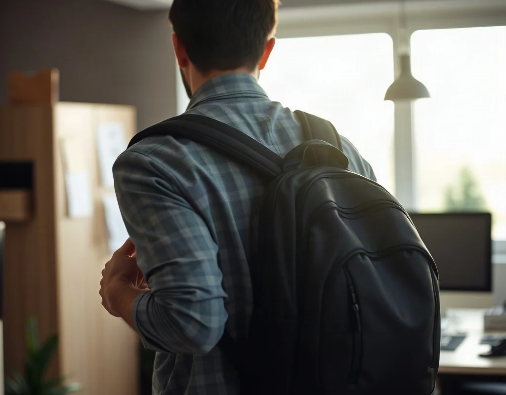Person walking away from laptop, deciding not to continue