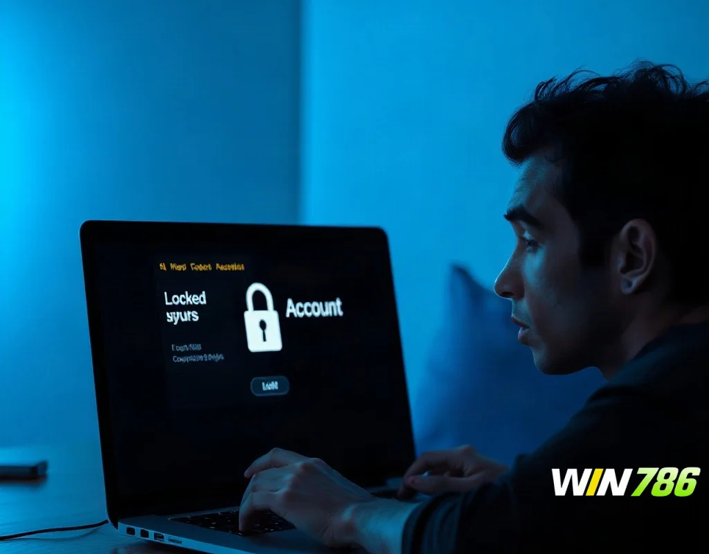Person frustrated trying to recover a locked online casino account on a laptop