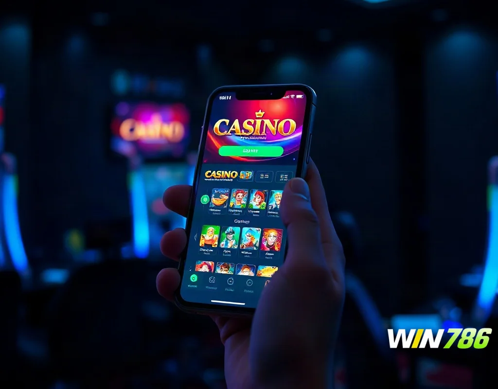 Person holding smartphone with WIN786 APK casino app interface glowing in the dark