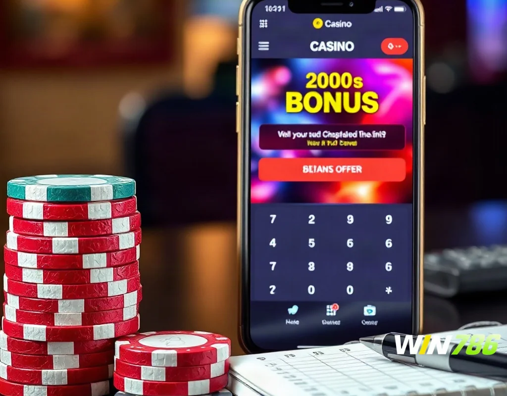 Casino chips and smartphone showing bonus offer, illustrating wagering requirements calculation