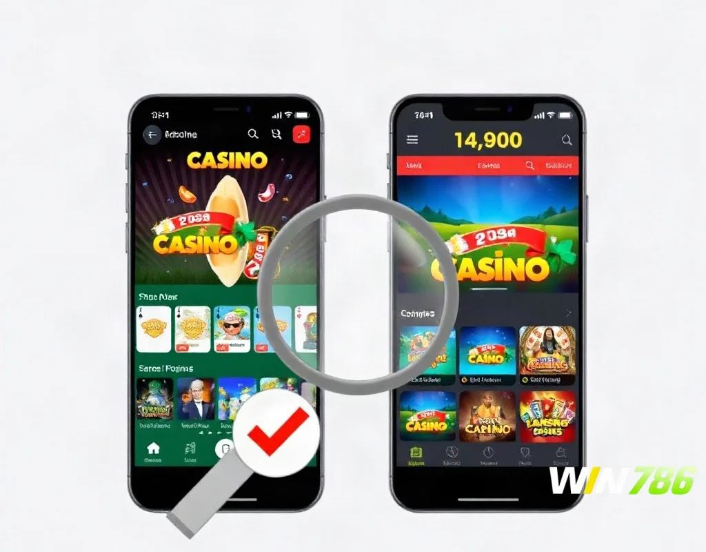 Two smartphones comparing WIN786 to other casino apps with checkmarks, comparison concept