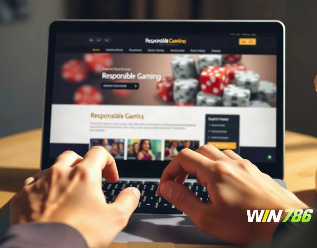 Person using laptop to access responsible gambling resources, promoting safe play