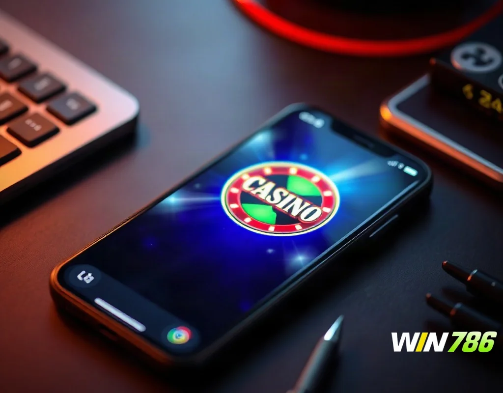 Smartphone displaying a generic casino app icon representing WIN786 free download review