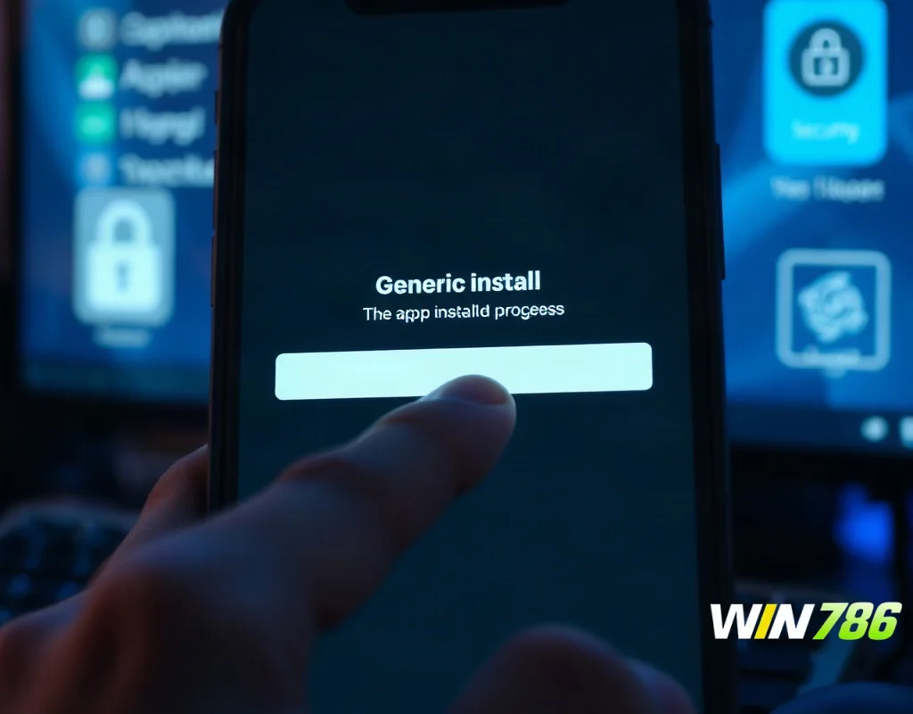 Hand installing a mobile casino app safely with security tools in the background
