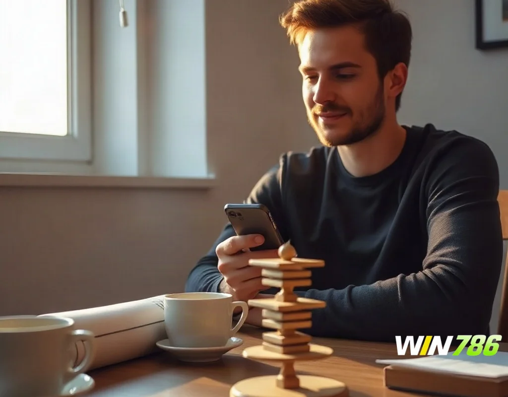 Person reviewing casino app with balanced scale, representing responsible gambling and fair verdict
