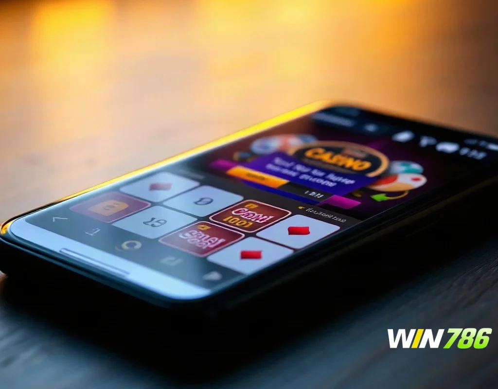 Android smartphone displaying a generic casino app interface on a dark desk