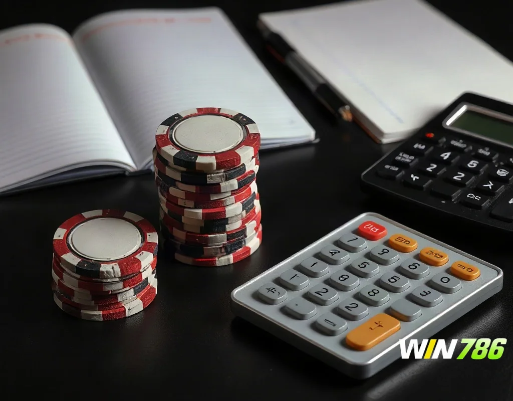 Casino chips with calculator illustrating bonus wagering requirement maths