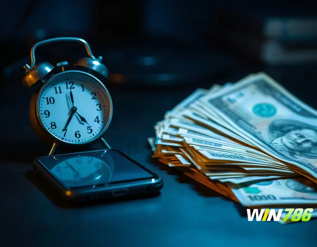 Clock and banknotes representing payout speed and withdrawal processing time