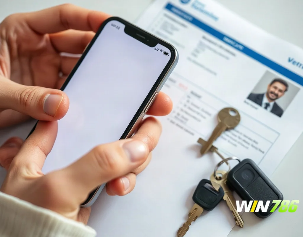 Hands holding a smartphone beside identity documents for account verification