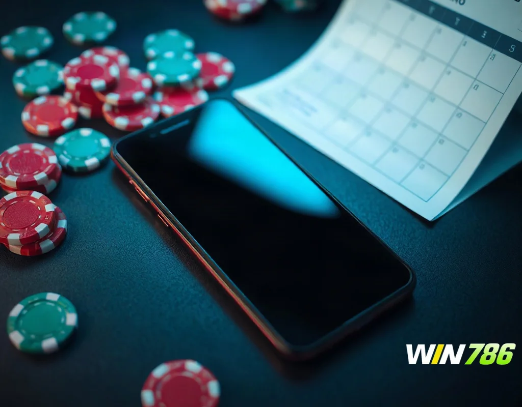 Smartphone, casino chips and calendar illustrating a daily login bonus review for online players