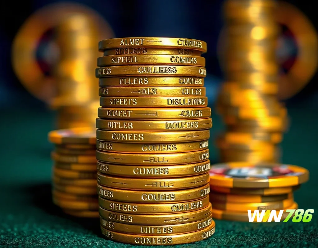 Golden casino chips representing the WIN786 first deposit bonus on dark felt