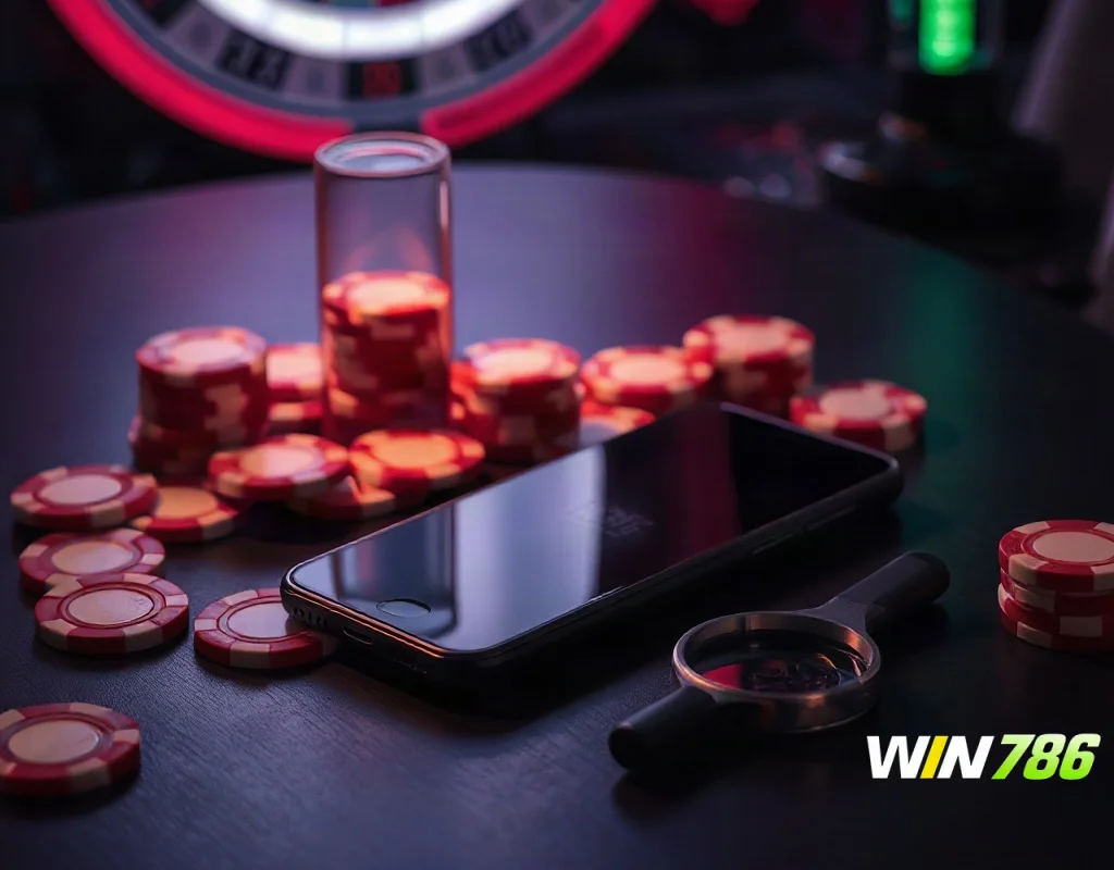 Smartphone with casino chips and magnifying glass representing a safety review of a betting app