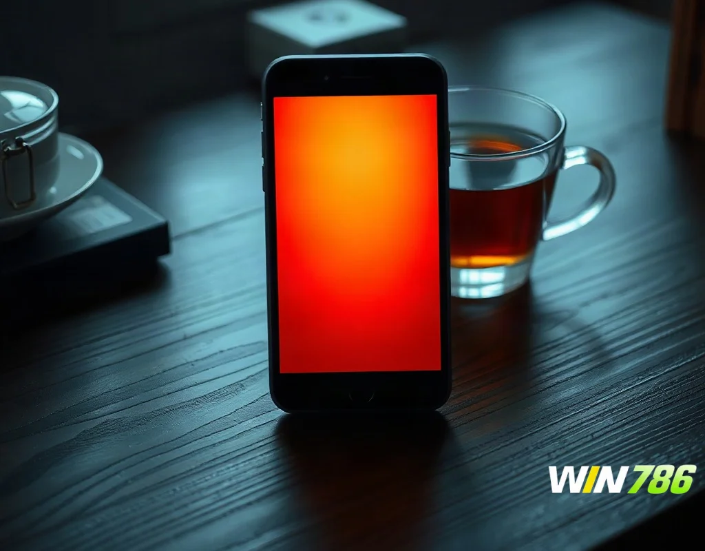 Smartphone resting on a desk showing a glowing screen for a mobile gaming app review
