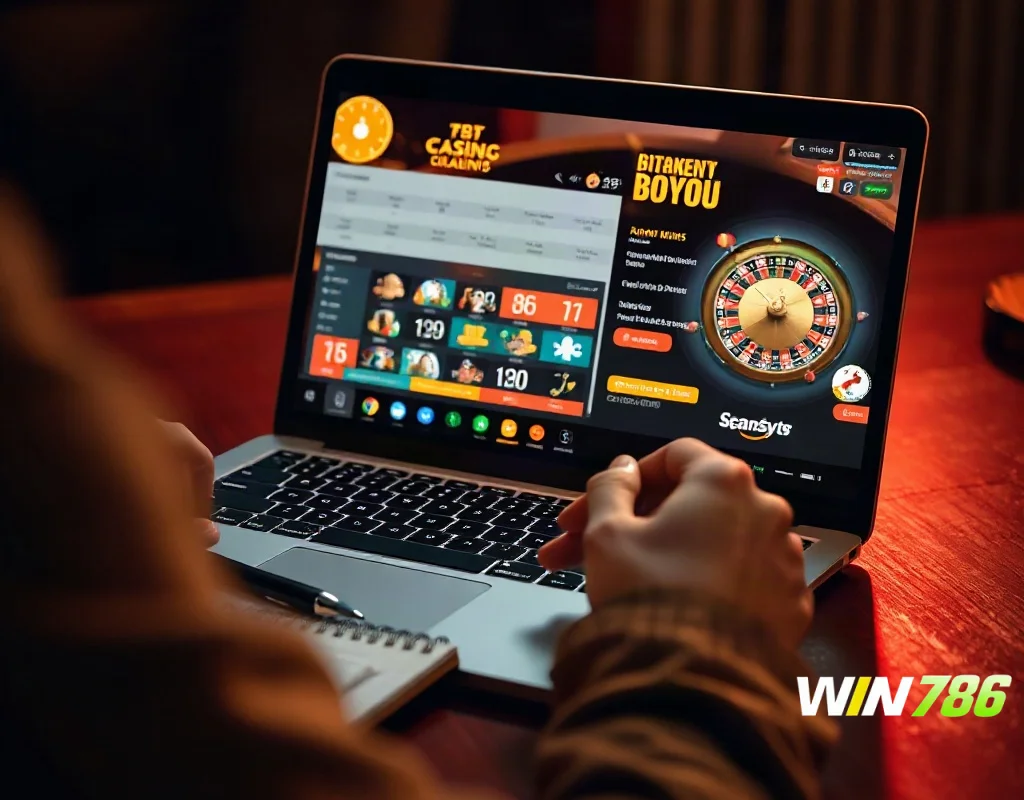 Person reviewing an online casino site on a laptop, taking notes.