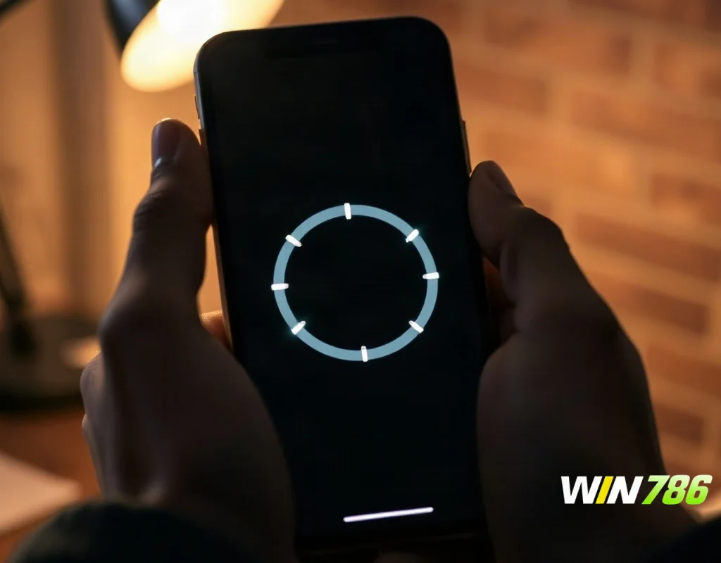 Hands holding a smartphone showing a loading screen during WIN786 troubleshooting steps