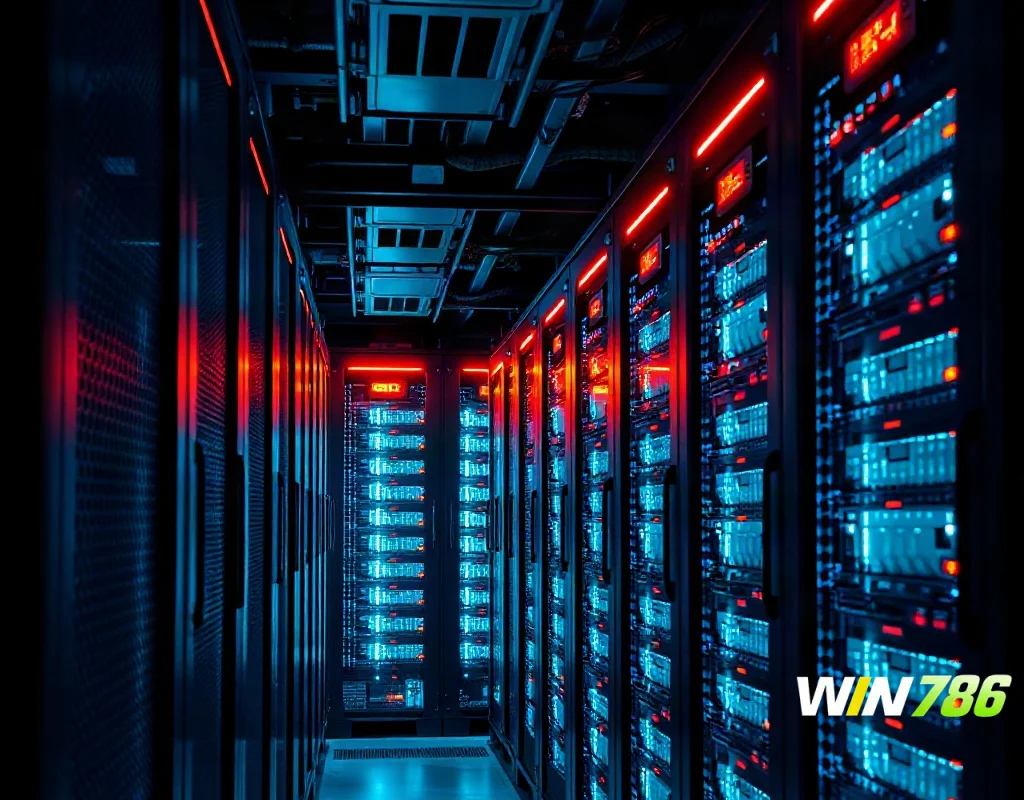 Server racks with warning lights representing WIN786 platform downtime and server-side outages