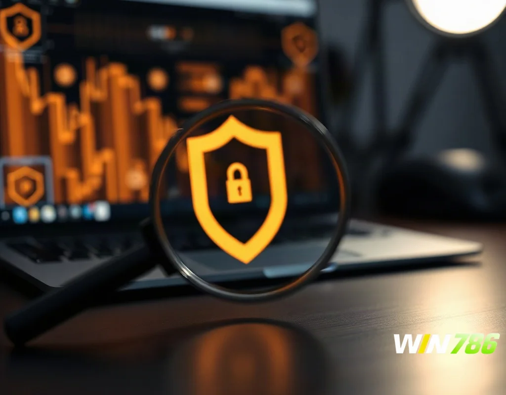 Magnifying glass and digital shield symbolising safety checks on WIN786 licensing and trust