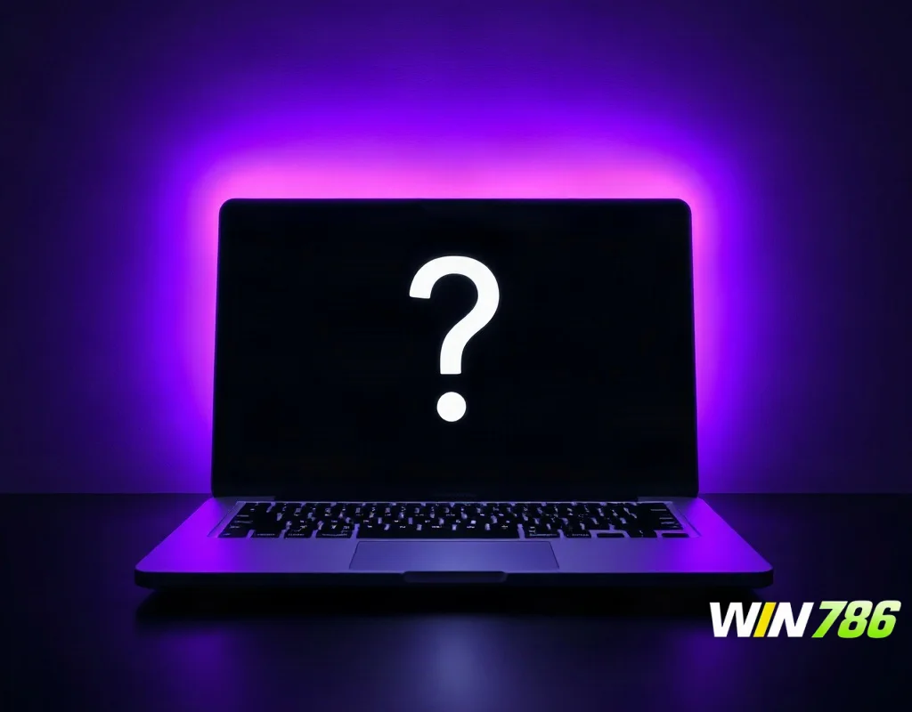 Laptop with glowing question mark representing WIN786 game not working FAQ answers