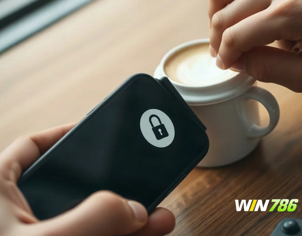 Phone with padlock symbol and coffee cup symbolising deposit safety checks and caution