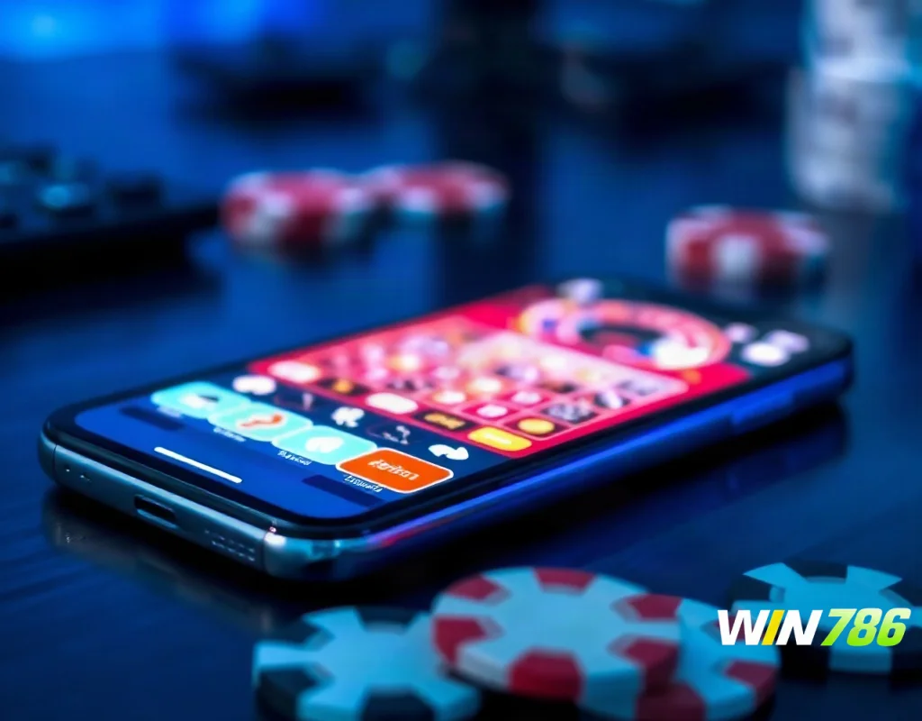 Smartphone with a generic casino app open next to poker chips, illustrating a WIN786 account review