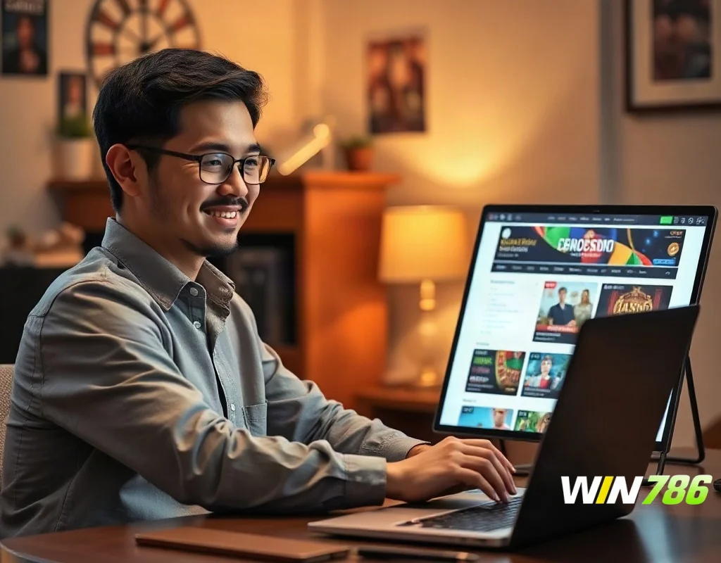 Person reviewing WIN786 official website on laptop in home office
