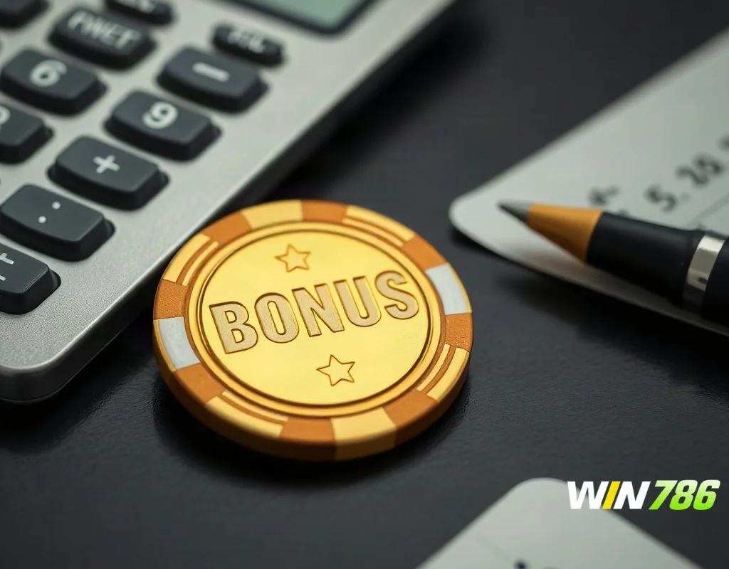 Golden bonus chip with calculator and notebook showing wagering calculations
