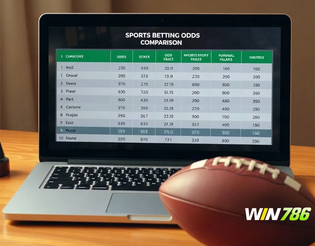 Laptop showing sports betting odds comparison chart for WIN786