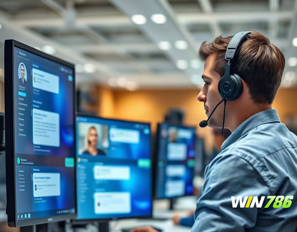 Customer support agent with headset at desk with multiple monitors
