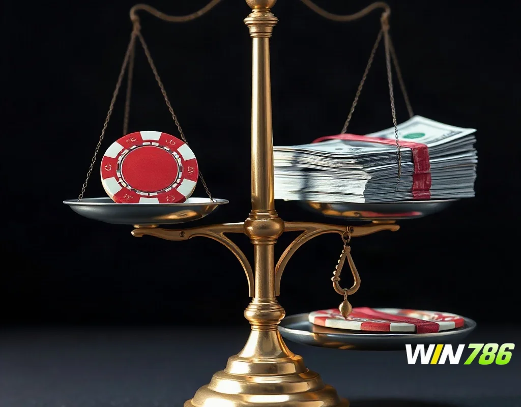Balanced scale weighing casino chip and cash for final verdict