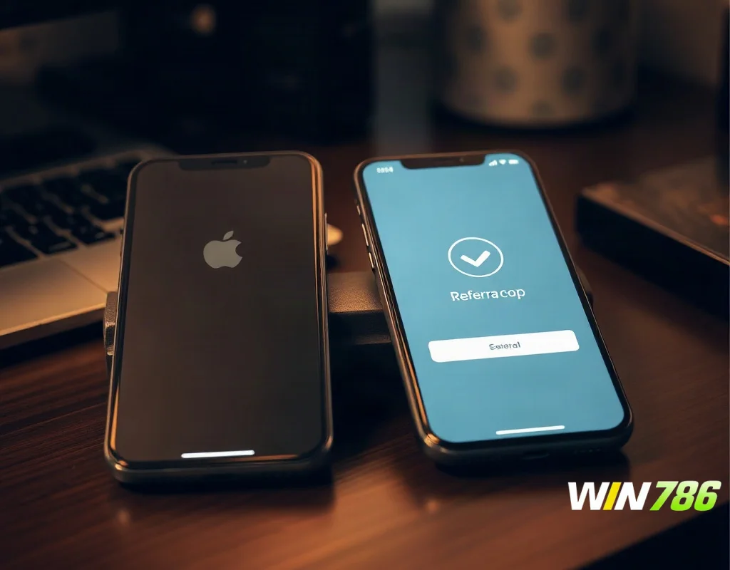 Two phones illustrating how a casino referral bonus is shared between friends on WIN786