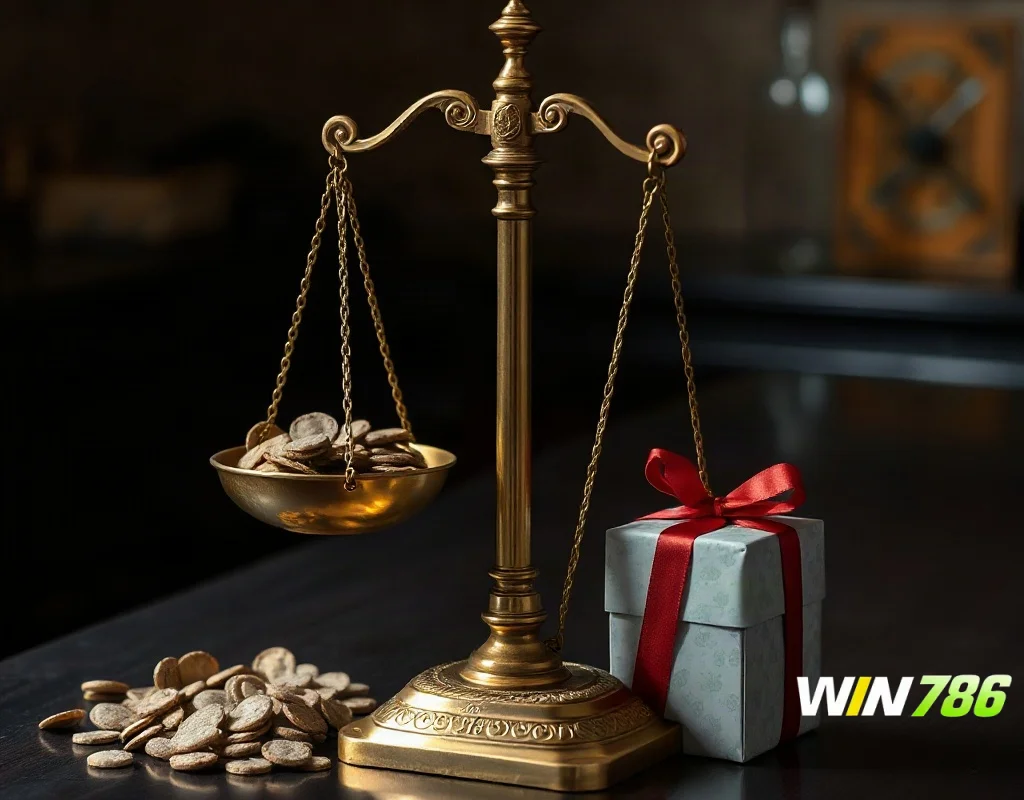 Scales weighing pros and cons of the WIN786 referral bonus for online casino players