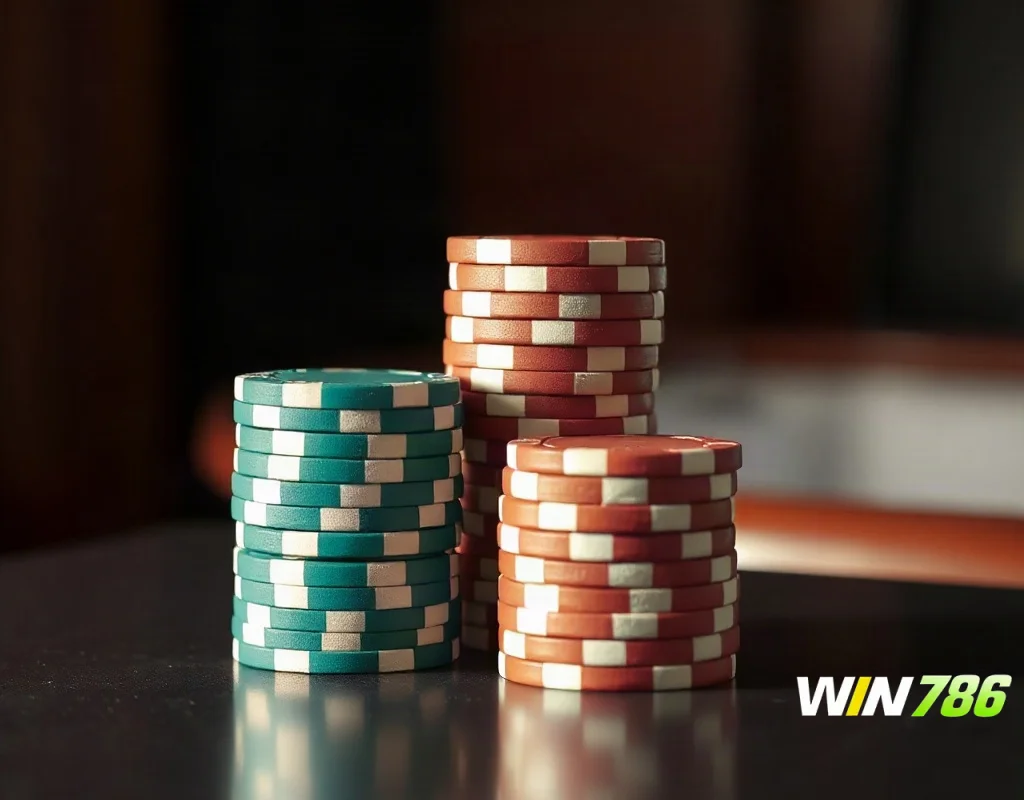 Two stacks of casino chips comparing WIN786 referral bonus value with competitors