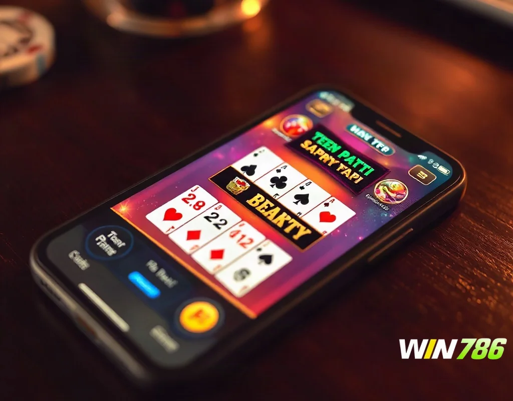 WIN786 Teen Patti game interface on a smartphone screen with cards and chips